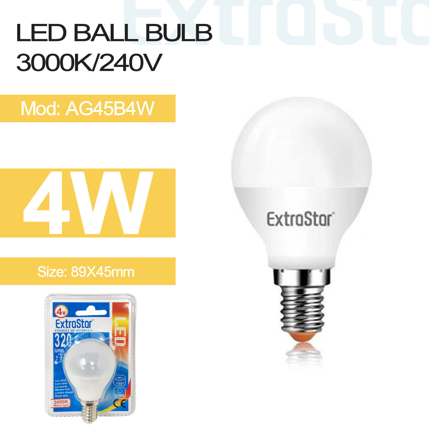 4W LED Ball Bulb E14, 320LM, 3000K (AG45B4W)