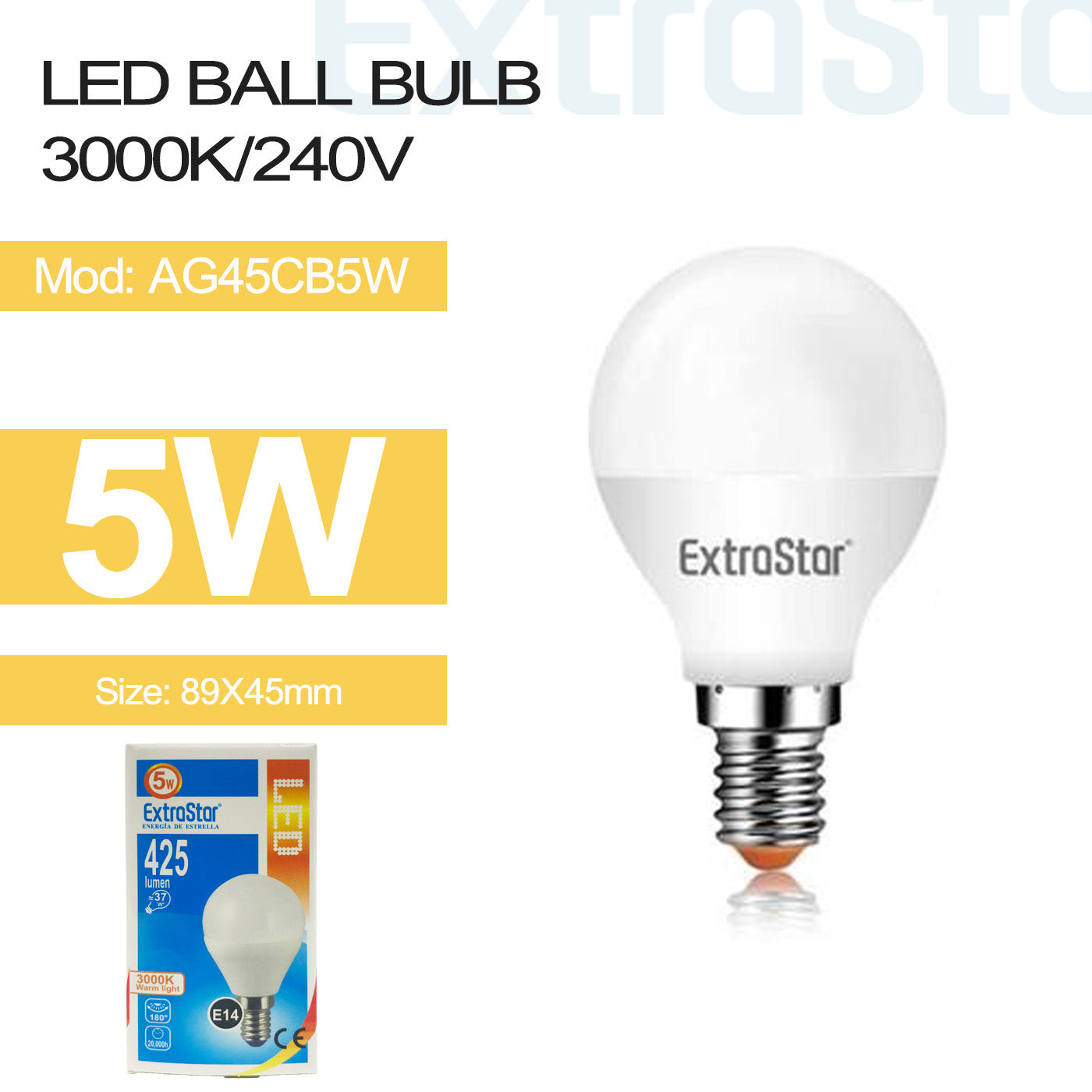 5W LED Ball Bulb E14, 3000K, Paper Box (AG45CB5W)