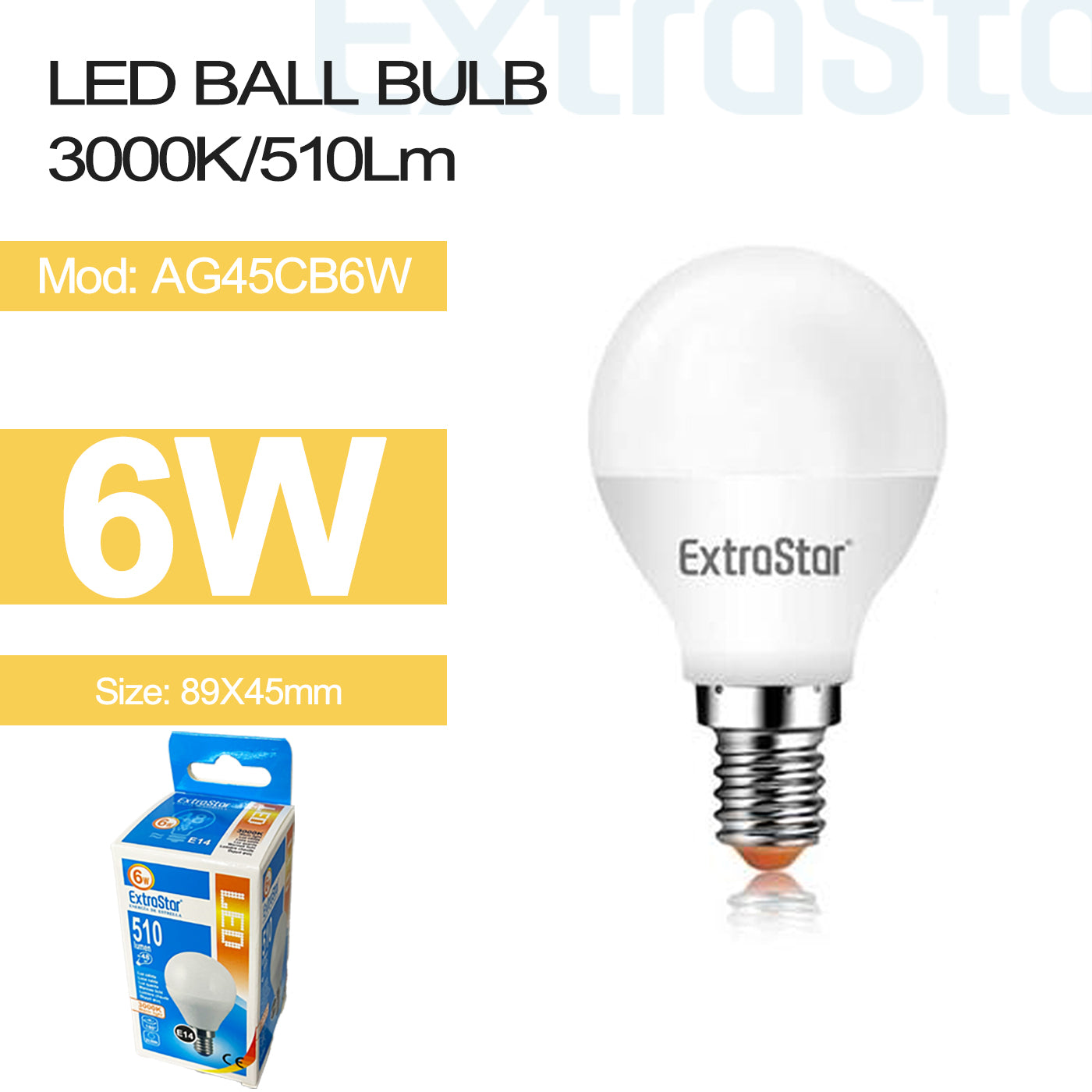 6W LED Ball Bulb G45 E14, 3000K  (AG45CB6W)