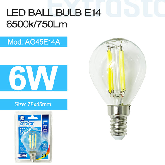 6W LED Ball Bulb E14, Clear 6500K (AG45E14A)