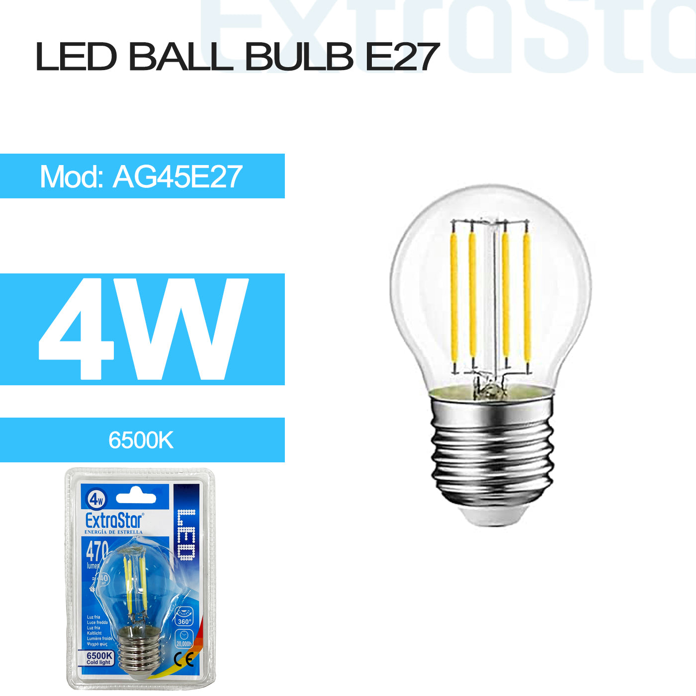 4W LED Ball Bulb E27, Clear 6500K (AG45E27)