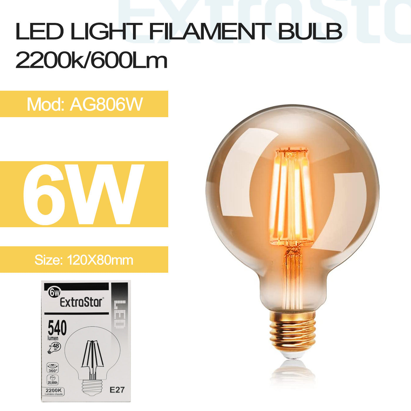 6W Filament Light Bulb E27, 2200K (AG806W)