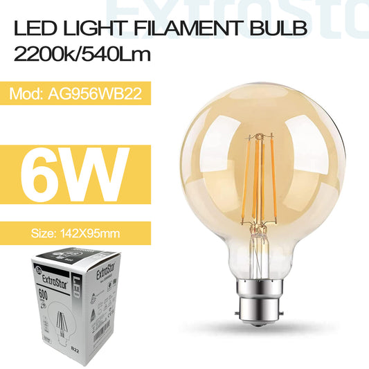 6W LED Filament G95 Light Bulb B22, 2200K (AG956WB22)