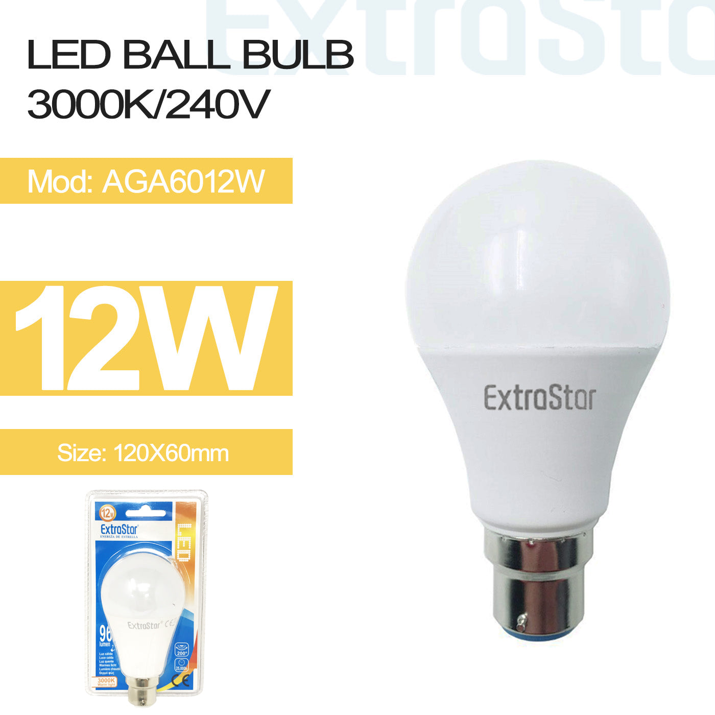 12W B22 LED GLS Light Bulb Warm (AGA6012W)