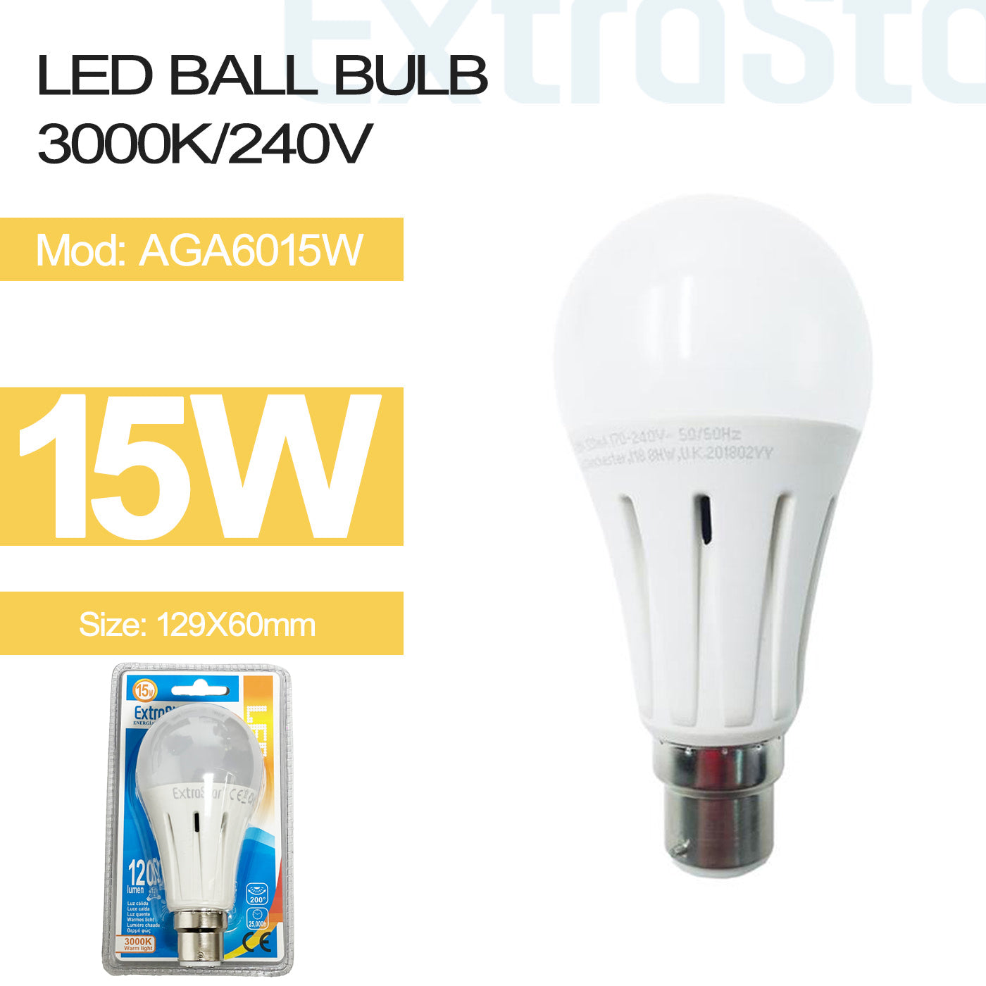 15W B22 LED GLS Light Bulb Warm (AGA6015W)