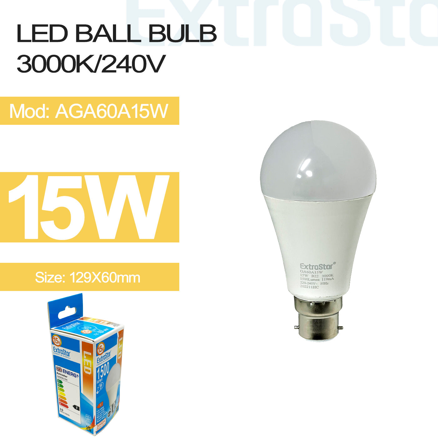 15W LED Ball Bulb B22, 3000K, Paper Box (AGA60A15W)