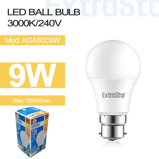 9W LED Ball Bulb B22, 3000K, Paper Pack (AGA60C9W)