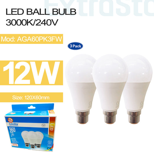 12W B22 LED GLS Light Bulb Warm (Pack of 3) (Paper Pack) (AGA60PK3FW)