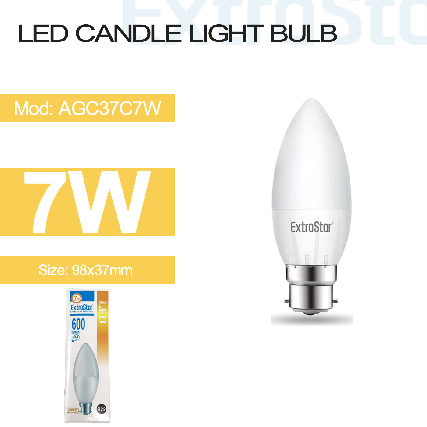 7W LED Candle Bulb B22, 3000K, Paper Pack (AGC37C7W)
