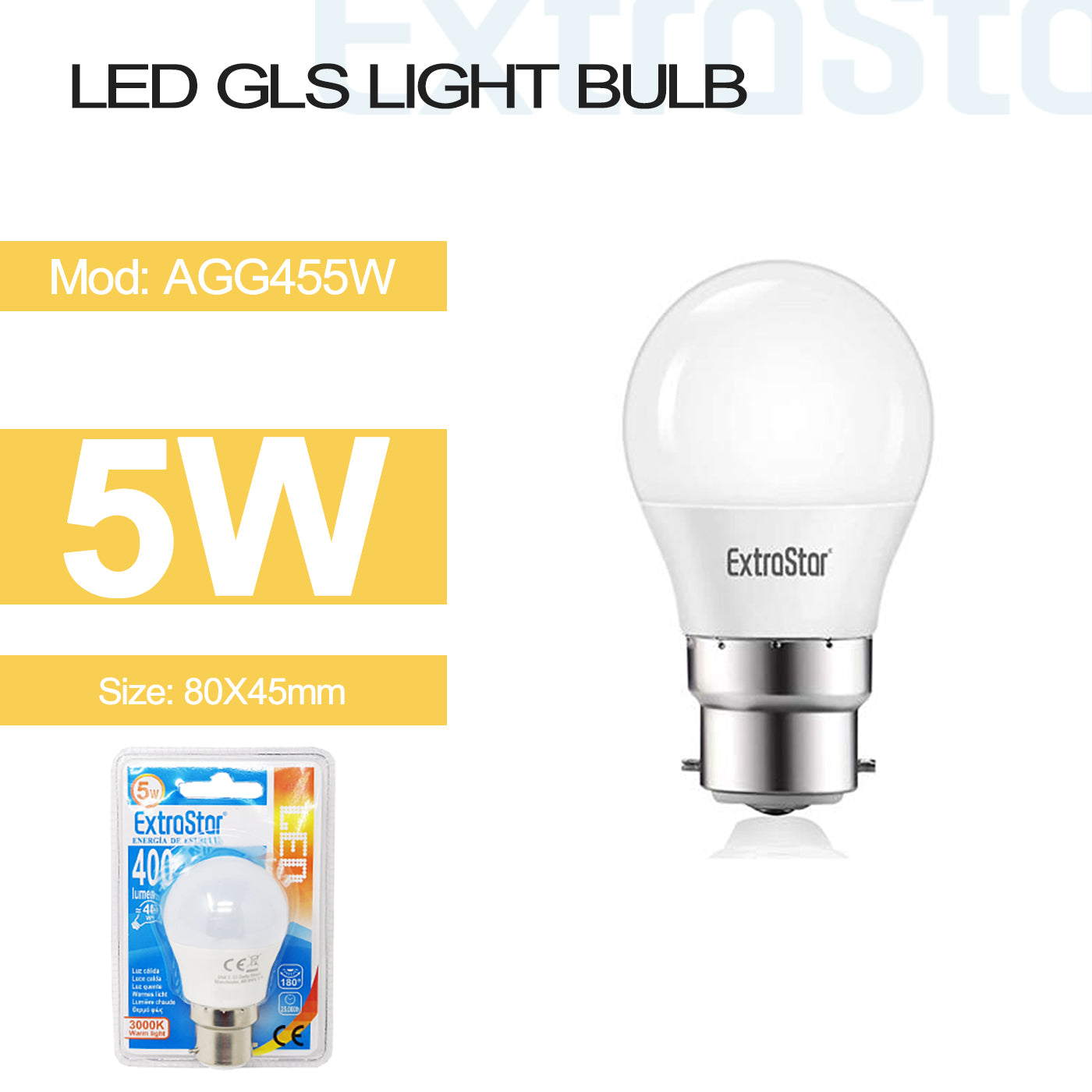 5W B22 LED GLS Light Bulb Warm (AGG455W)