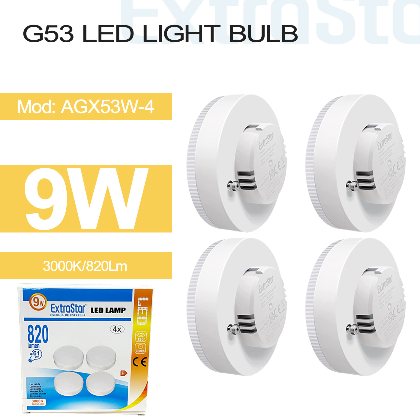 9W G53 LED Light Bulb, 3000K Pack of 4 (AGX53W-4)