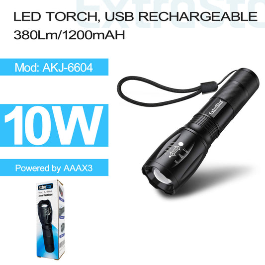 10W LED Torch, USB Rechargeable 1200 mAH or AAAx3, 380Lumen (AKJ-6604)