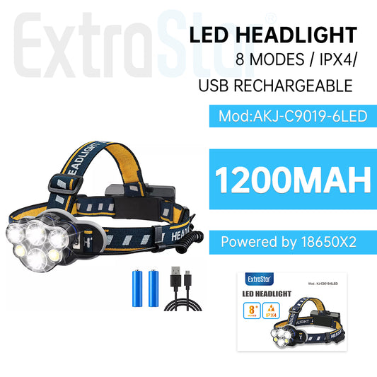 ExtraStar LED Headlight, 8 modes, USB Rechargeable IPX4, Model: AKJ-C9019-6LED