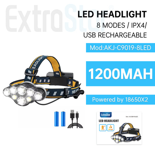 ExtraStar LED Headlight, 8 modes, USB Rechargeable IPX4, Model: AKJ-C9019-8LED