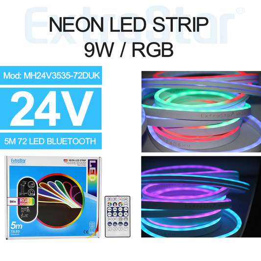 ExtraStar Neon LED Strip 5M Cable with Power Adapter and Remote Control, 9W/M, RGB, Model: AMH24V3535-72DUK