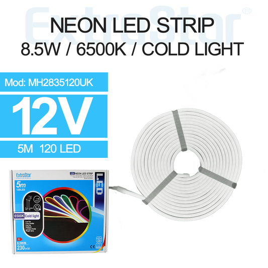 ExtraStar Neon LED Strip 5M Cable with Power Adapter, 8.5W/M, Cold Light 6500K, Model: AMH2835120UK