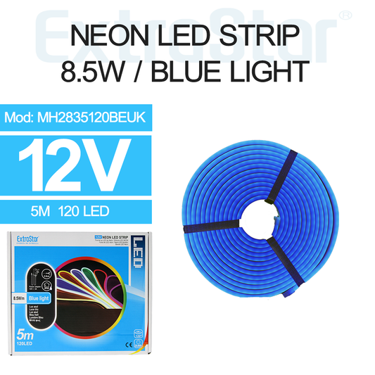 ExtraStar Neon LED Strip 5M Cable with Power Adapter, 8.5W/M, Blue Light, Model: AMH2835120BEUK