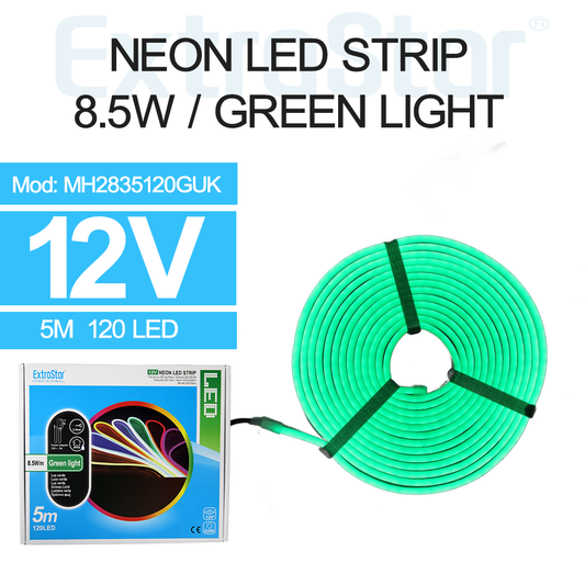 ExtraStar Neon LED Strip 5M Cable with Power Adapter, 8.5W/M, Green Light, Model: AMH2835120GUK