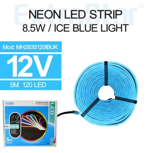 ExtraStar Neon LED Strip 5M Cable with Power Adapter, 8.5W/M, Ice Blue Light, Model: AMH2835120IBUK