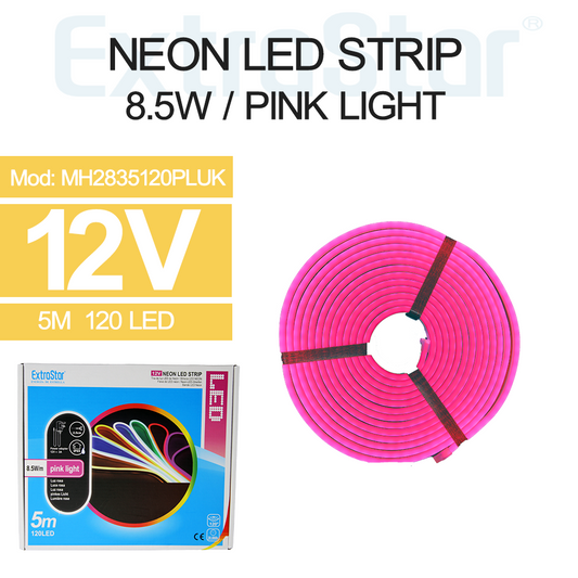 ExtraStar Neon LED Strip 5M Cable with Power Adapter, 8.5W/M, Pink Light, Model: AMH2835120PLUK