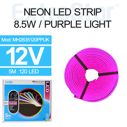 ExtraStar Neon LED Strip 5M Cable with Power Adapter, 8.5W/M, Purple Light, Model: AMH2835120PPUK