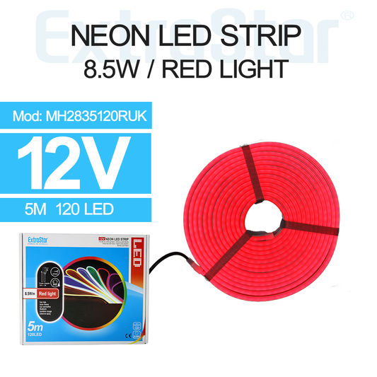 ExtraStar Neon LED Strip 5M Cable with Power Adapter, 8.5W/M, Red Light, Model: AMH2835120RUK