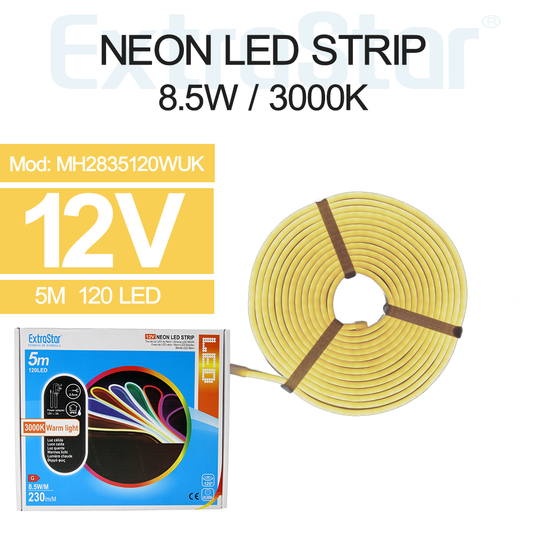 ExtraStar Neon LED Strip 5M Cable with Power Adapter, 8.5W/M, Warm Light 3000K, Model: AMH2835120WUK