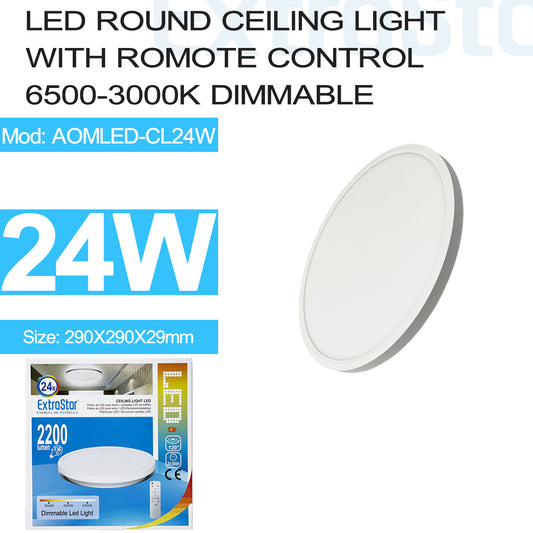 24W LED Round Ceiling Light with Remote Control, 3000K-6500K Dimmable (AOMLED-CL24W)
