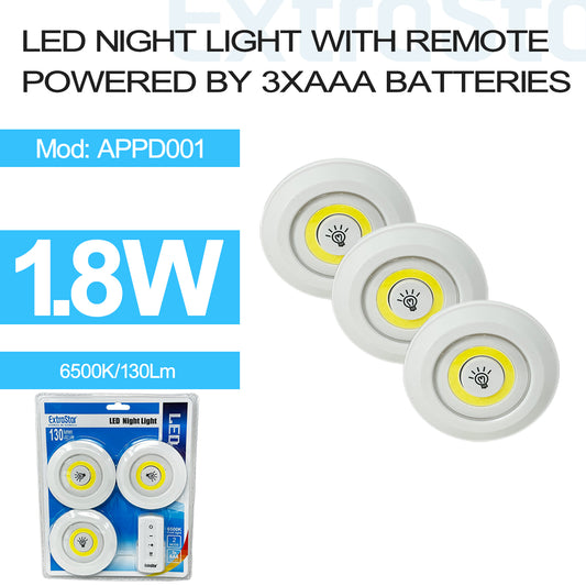 1.8w LED Night Light with Remote, powered by 3xAAA Batteries, Set of 3 (APPD001)
