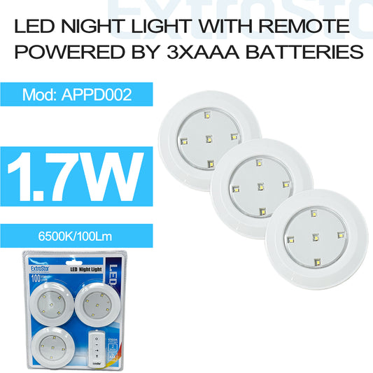 1.7w LED Night Light with Remote, powered by 3xAAA Batteries, Set of 3 (APPD002)