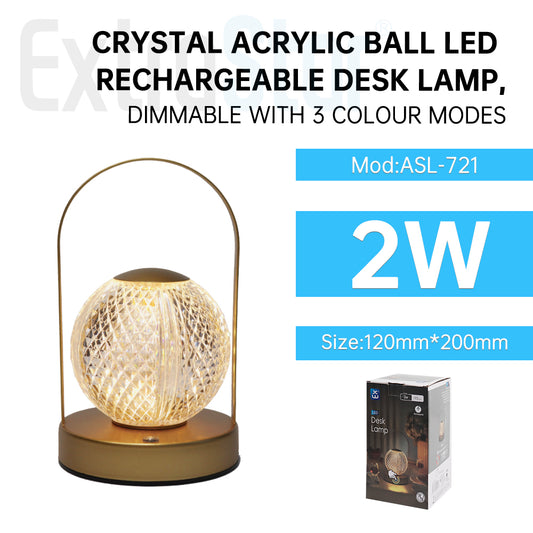 ExtraStar LED Desk Lamp Rechargeable, 3 Color Change Dimmable, Crystal Ball and Golden Handle, Model: ASL-721