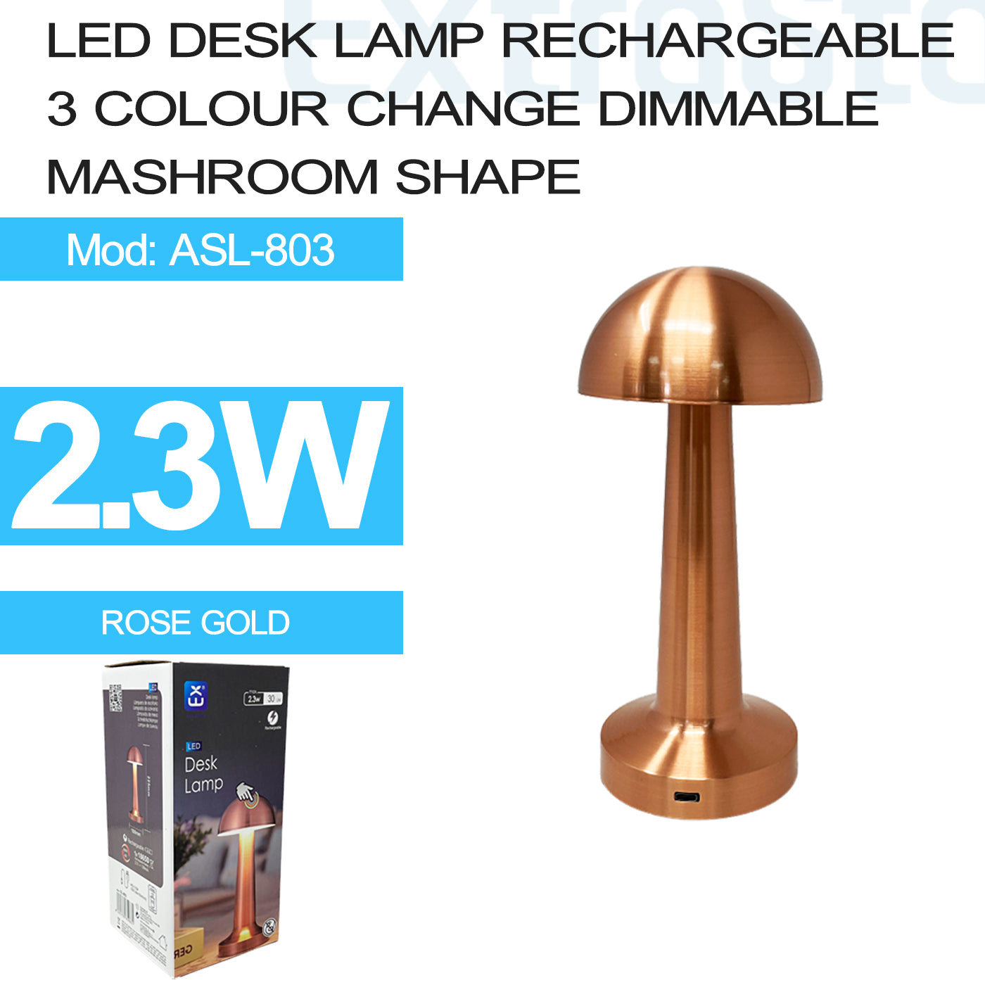 LED Desk Lamp Rechargeable, Square Shape, 3 Color Change Dimmable, Mushroom Shape, Rose Gold (ASL-803)