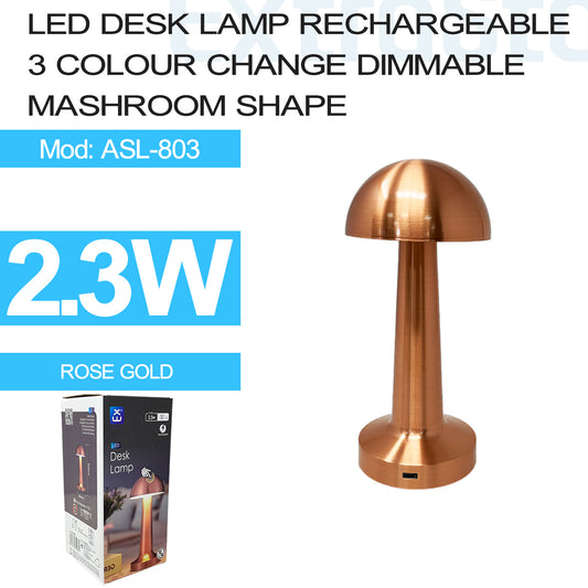 LED Desk Lamp Rechargeable, Square Shape, 3 Color Change Dimmable, Mushroom Shape, Rose Gold (ASL-803)