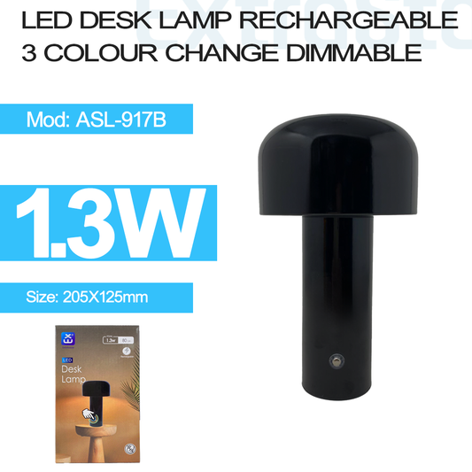 LED Desk Lamp Rechargeable, Mushroom Shape, 3 Color Change Dimmable, Black (ASL-917B)