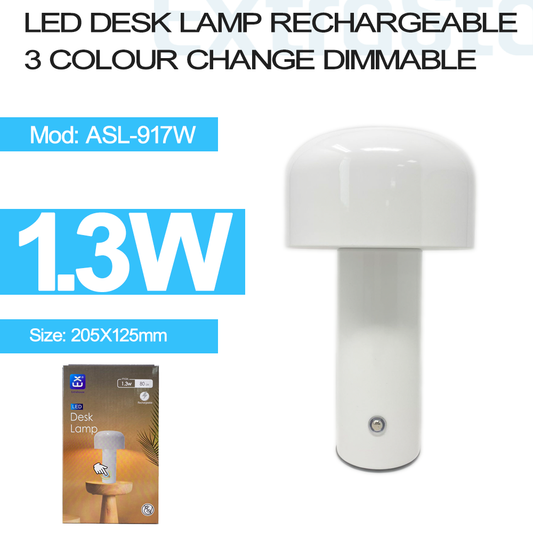 LED Desk Lamp Rechargeable, Mushroom Shape, 3 Color Change Dimmable, White (ASL-917W)