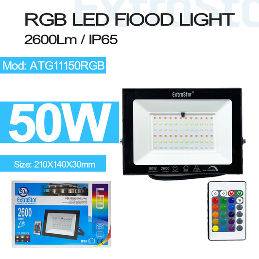 50W RGB LED Flood Light, 16 colours, IP65 (ATG11150RGB)