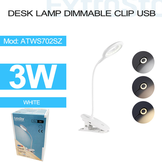 Desk Lamp Dimmable Clip USB 3W, white (ATWS702SZ)