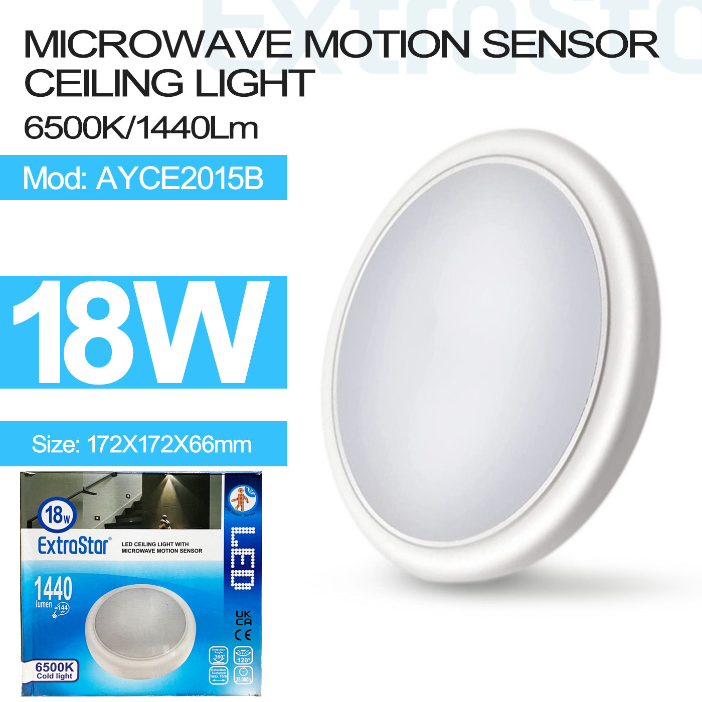 ExtraStar 18W LED Microwave Sensor Ceiling Light, Round, Model: AYCE2015B