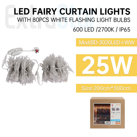 ExtraStar LED Fairy Curtain Lights 2m x 3m, 600LEDs ,  2700K, with 80pcs white flashing light bulbs, Model: ABD-3020LED-I-WW)