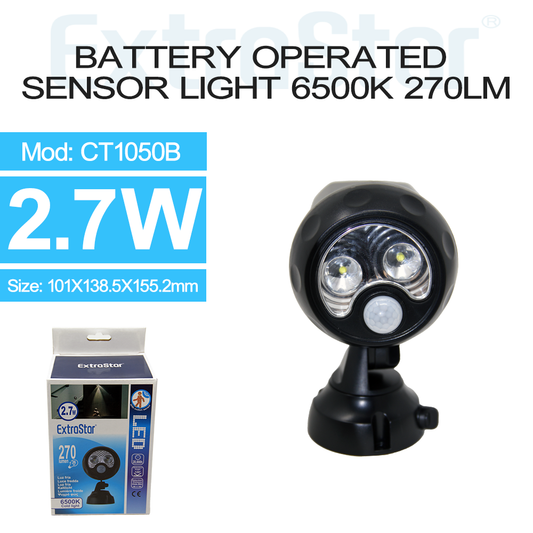 ExtraStar 2.7W LED Sensor Flood Light, Battery Operated, 6500K, Black, Model: CT1050B