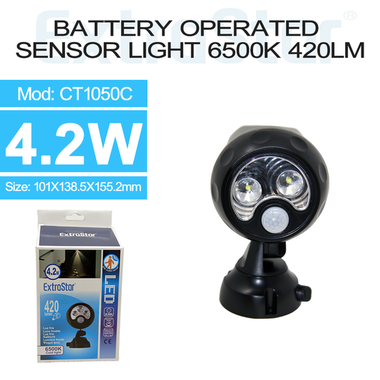 ExtraStar 4.2W LED Sensor Flood Light, Battery Operated, 6500K, Black, Model: CT1050C