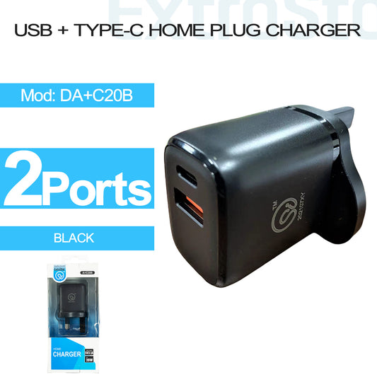 USB + Type-C Home Plug Charger Black (DA+C20B)