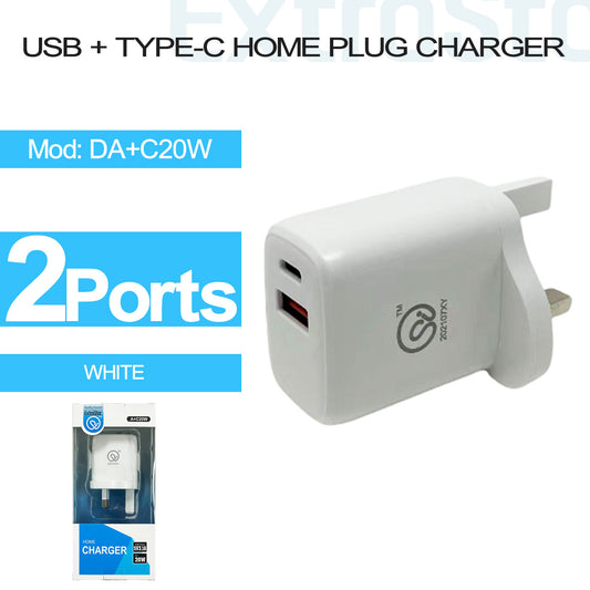 USB + Type-C Home Plug Charger White (DA+C20W)