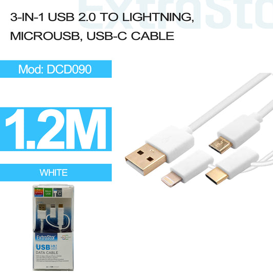 3 in 1 USB 2.0  to Lightning, Micro USB, USB-C Cable 1.2m (DCD090)