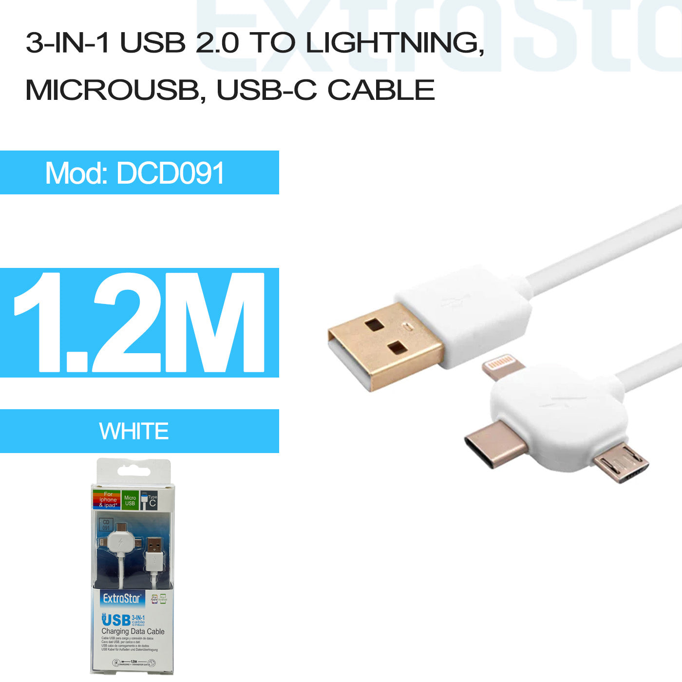 3 in 1 USB 2.0  to Lightning, Micro USB, USB-C Cable 1.2m (DCD091)