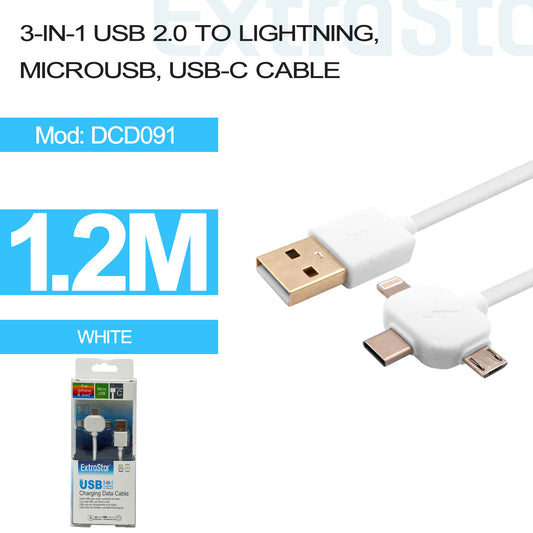 3 in 1 USB 2.0  to Lightning, Micro USB, USB-C Cable 1.2m (DCD091)