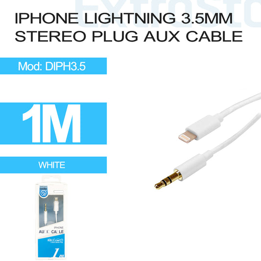 Iphone Lightning 3.5mm Stereo Plug Aux Cable 1M, White (DIPH3.5)