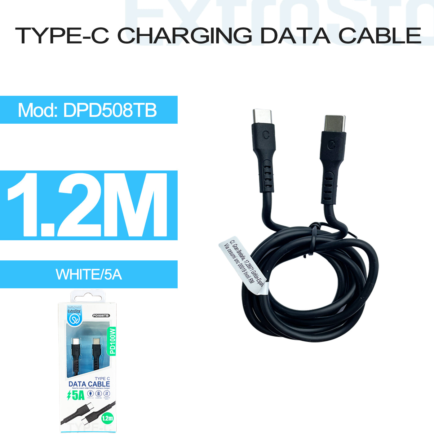 Type C to Type C Data Cable, PD100W , 5A Quick Charge, 1.2M, Black (DPD508TB)