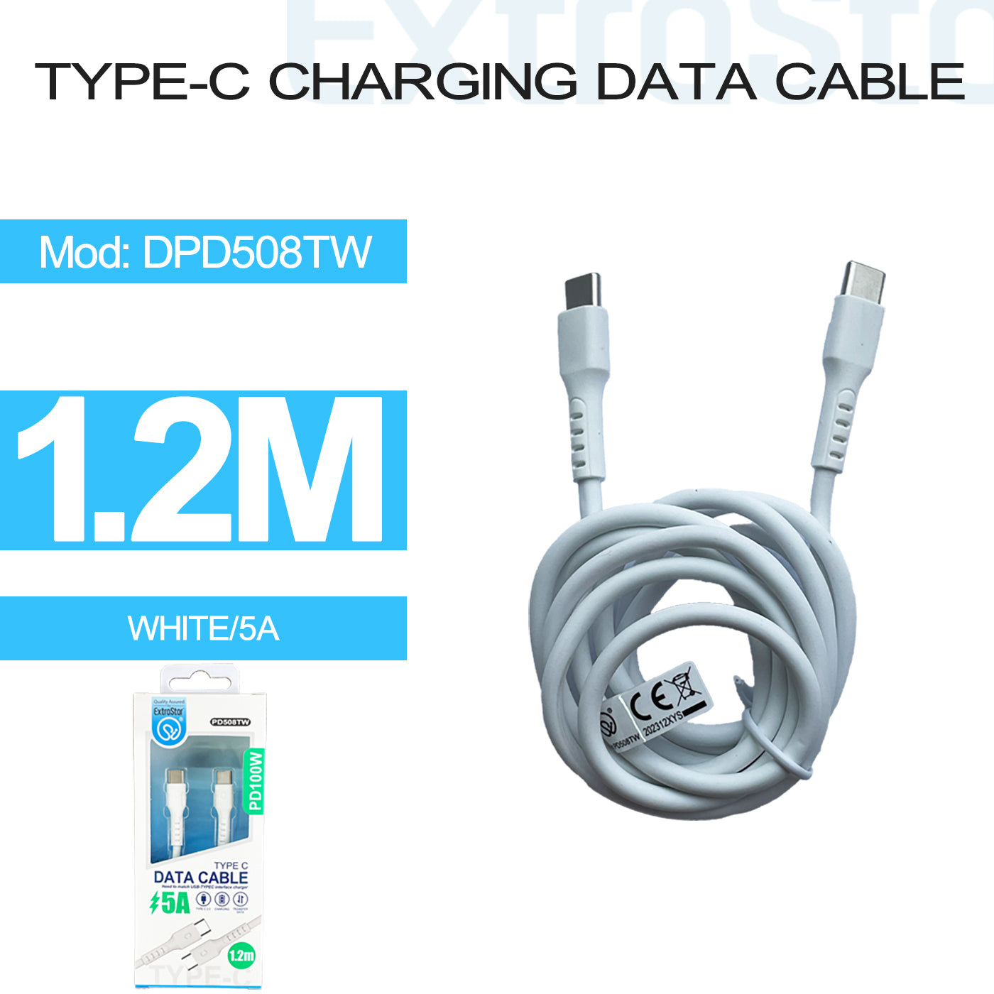 Type C to Type C Data Cable, PD100W, 5A Quick Charge, 1.2M, White (DPD508TW)