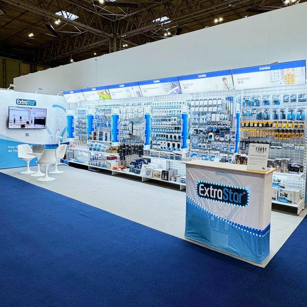 ExtraStar Wholesale Booth at a Trade Show, showcasing a diverse range of high-quality lighting and electrical products